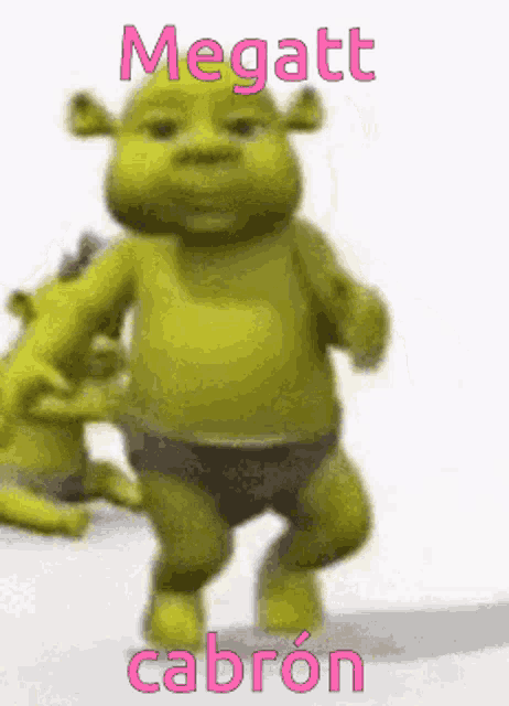 shrek is dancing with the words megatt cabron in pink letters