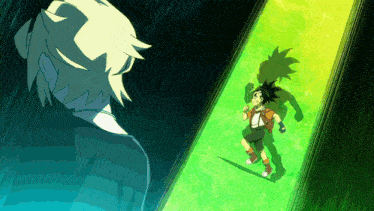 a cartoon of a man and a boy standing next to each other on a green field