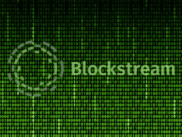 the word blockstream is displayed on a green background of binary code