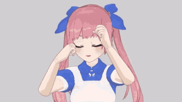 a 3d anime girl with pink hair and blue ribbons in her hair is giving a thumbs up
