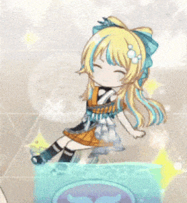 a girl in a blue and white dress is holding a cake in her hand