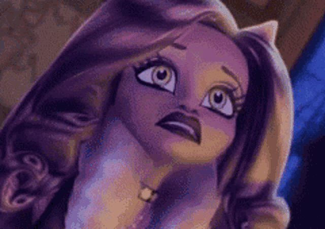 a close up of a cartoon character with purple hair making a surprised face .