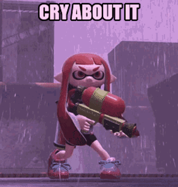 a cartoon character is holding a water gun with the words cry about it above her