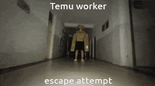 a dark hallway with the words temu worker escape attempt at the top