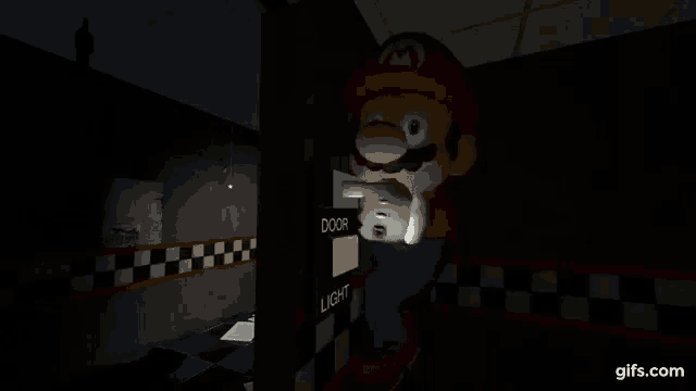 a mario figure is standing in a dark room holding a door switch .