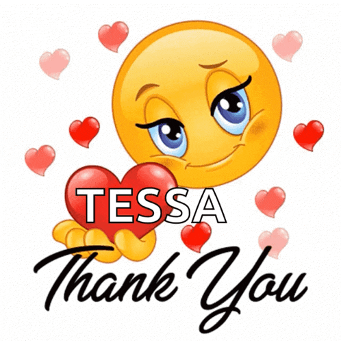 a smiley face holding a red heart with the name tessa below it