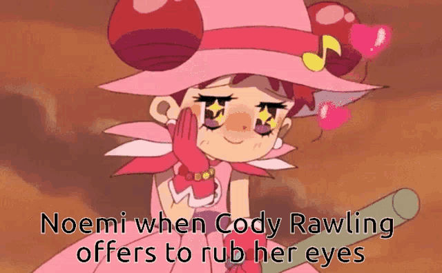 a cartoon of a girl with the words noemi when cody rawling offers to rub her eyes below her
