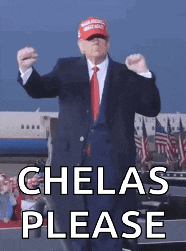 a man in a suit and tie is dancing in front of an airplane with the words chelas please below him