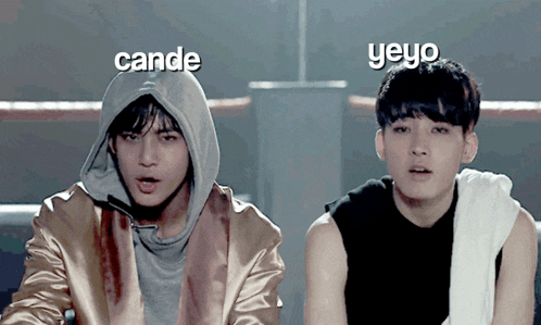 two young men are standing next to each other with the words cande and yeyo written on them