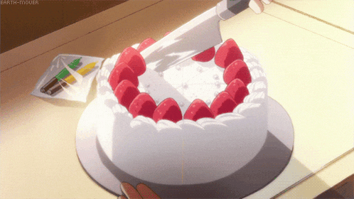 a person is cutting a cake with strawberries on top and the word earth-mower is on the bottom