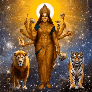 a painting of a woman with many hands standing next to two tigers