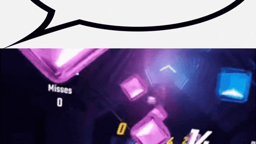 a speech bubble is floating over a video game screen with a purple and blue background .