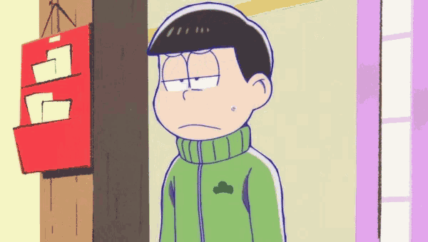 a cartoon character with a green turtleneck is standing in front of a bulletin board with the letter p on it