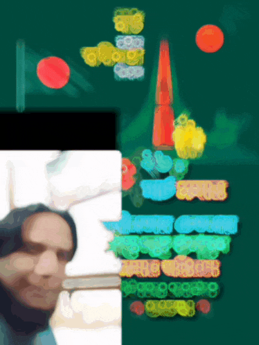 a blurry picture of a man with a green background and a bunch of colorful letters