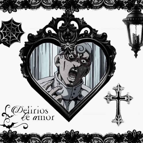 a picture of a man in a heart shaped frame with the words " delirios te amor " below it