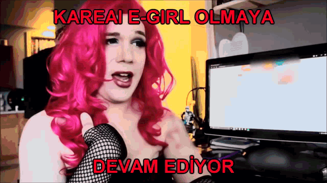 a woman in a pink wig stands in front of a computer with the words " kareai e-girl olmaya "