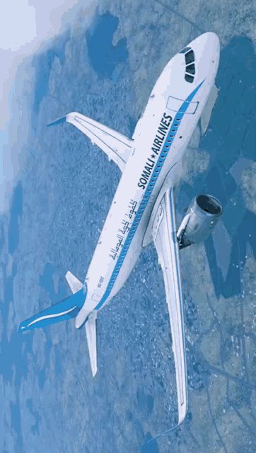 a somali airlines airplane flies through the air