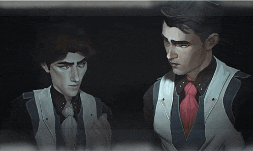 two men are standing next to each other with their faces visible