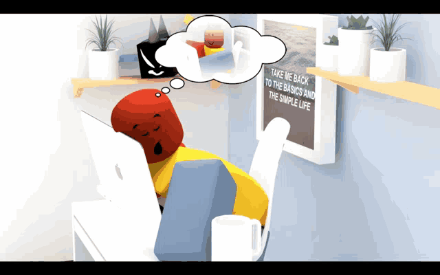 a cartoon character sleeping in front of a computer with a thought bubble saying take me back to the basics and the simple life