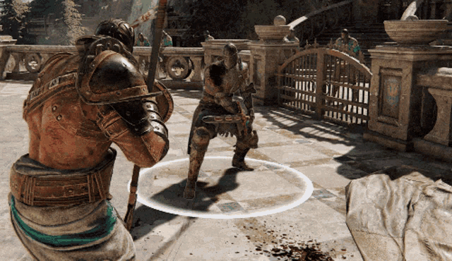a video game shows a man holding a sword and another man holding a sword