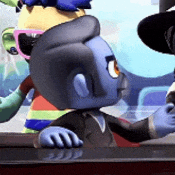 a cartoon character is sitting at a table with a man in a suit and hat .