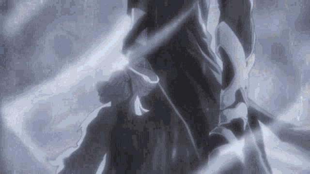 a black and white image of a person holding a sword in their hand .