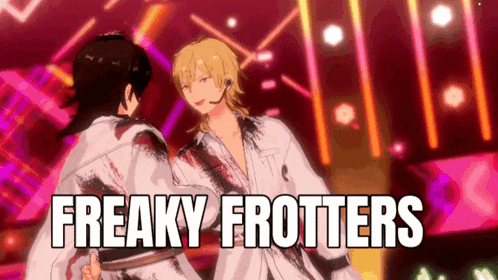 a couple of anime characters are dancing and the words freaky frotters are on the bottom