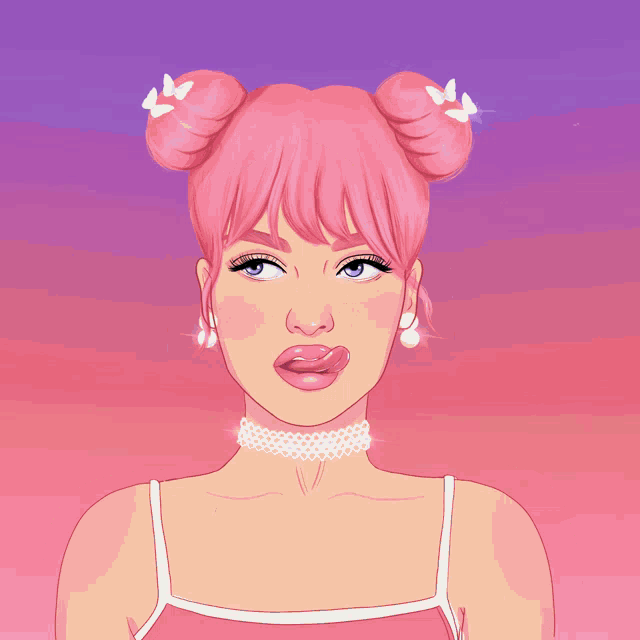 a cartoon of a girl with pink hair and pearls on her neck