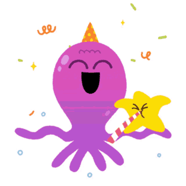 a purple octopus wearing a party hat is holding a yellow star