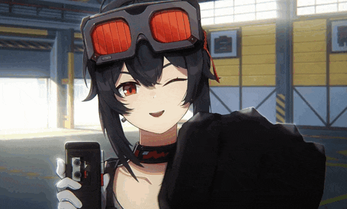 a girl wearing a pair of goggles is holding a cell phone