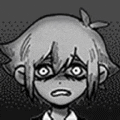 a black and white drawing of a cartoon character with a sad face .