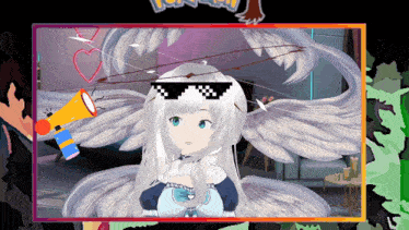 a cartoon character with a megaphone and a pokemon logo in the background