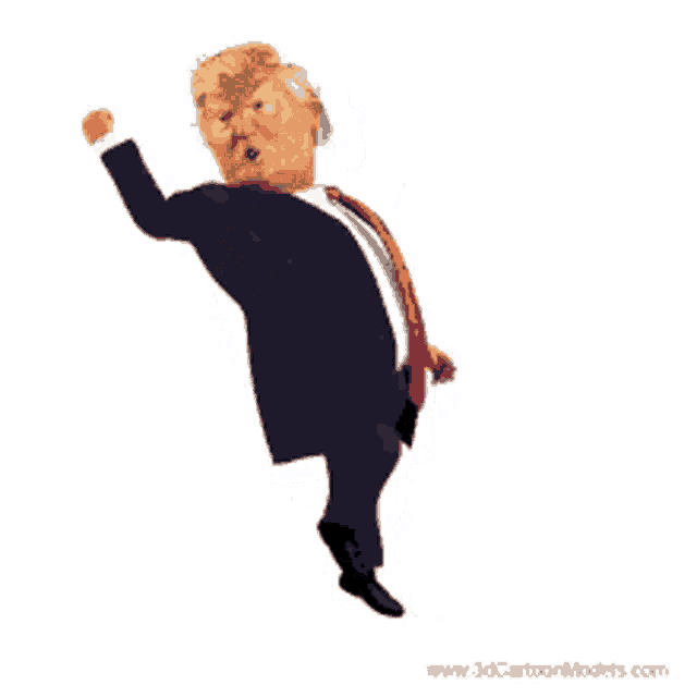 a cartoon of donald trump standing on one leg with a fist in the air