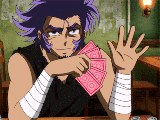 a man with purple hair is holding a bunch of pink cards