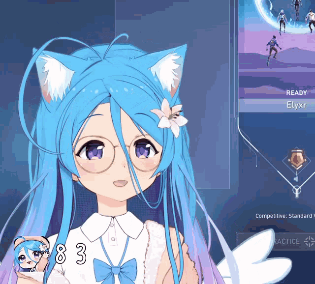 a girl with blue hair and cat ears has the number 83 on her chest