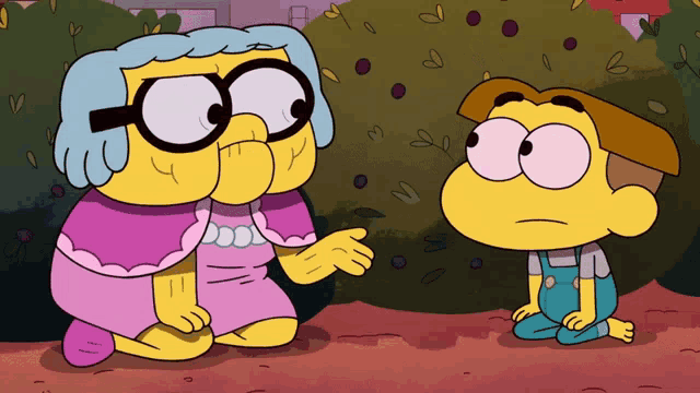 a cartoon character with glasses and a pink cape talks to another character