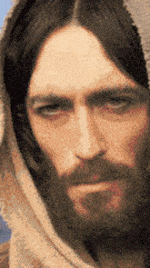 a close up of a man 's face with a beard