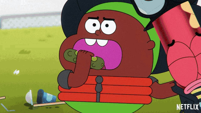 a cartoon character from netflix is brushing his teeth with a toothbrush