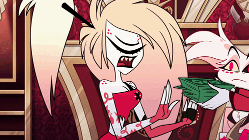 a cartoon character is holding a stack of money in her hands