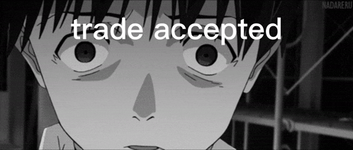 a black and white drawing of a boy with the words trade accepted above his head