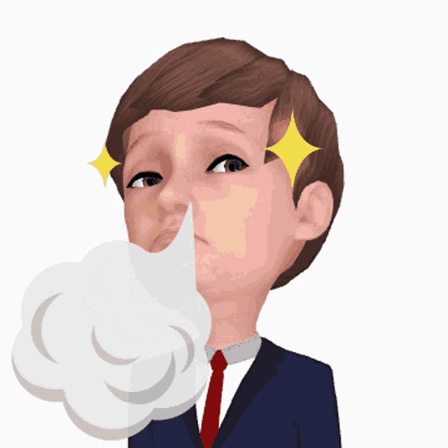 a boy in a suit and tie blowing a cloud