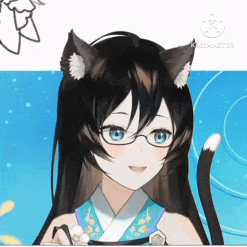 a girl with cat ears and glasses is smiling in a video created by kinemaster