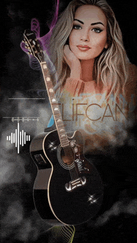 a woman is holding an epiphone guitar in front of a sign that says lifcan