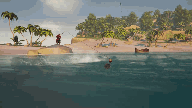 a man is fishing in a video game with a boat in the background