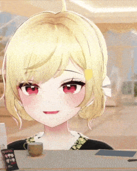 a girl with blonde hair and red eyes is sitting at a table next to a box that says ' strawberry ' on it