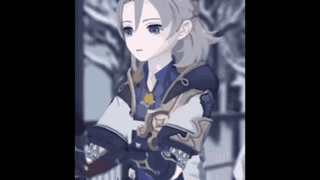 a close up of a person in a video game standing in the snow with their arms crossed .