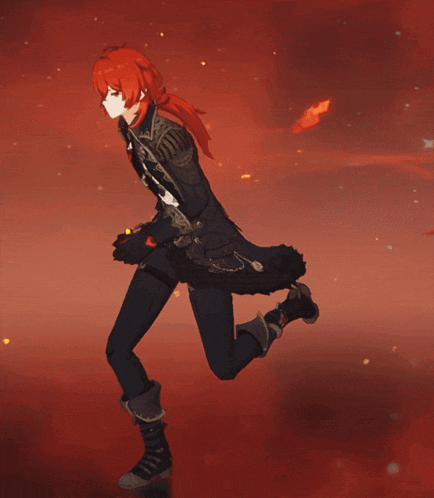 a cartoon character with red hair is running with a fireball behind him