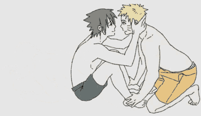 a drawing of two men sitting next to each other with one of them touching the other 's face