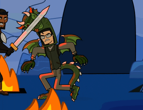 a cartoon of a man in a dragon costume standing next to a fire