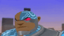 a close up of a cartoon character with a blue cape on his head and a city in the background .